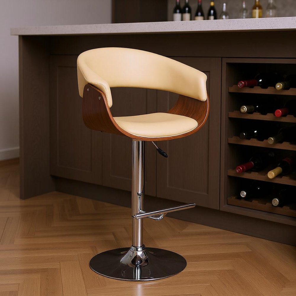 24" Cream And Silver Faux Leather And Solid Wood Swivel Low Back Adjustable Height Bar Chair