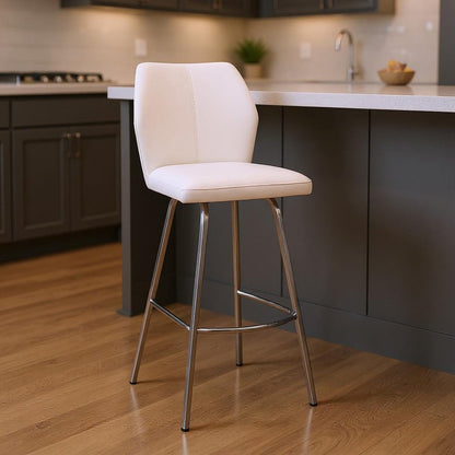 26" White And Silver Faux Leather And Iron Counter Height Bar Chair