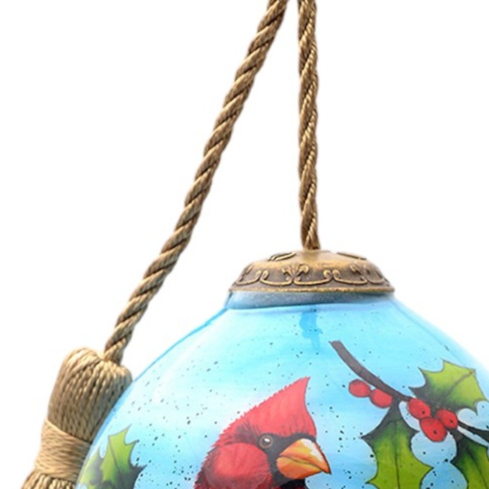 Red Cardinal on Christmas Holly Branches Hand Painted Mouth Blown Glass Ornament