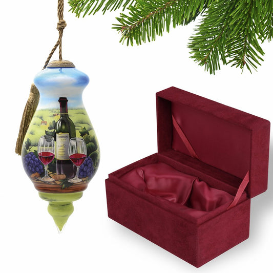 A day at the Vineyard Hand Painted And Mouth Blown Green Red And Violet Glass Finial Ornament