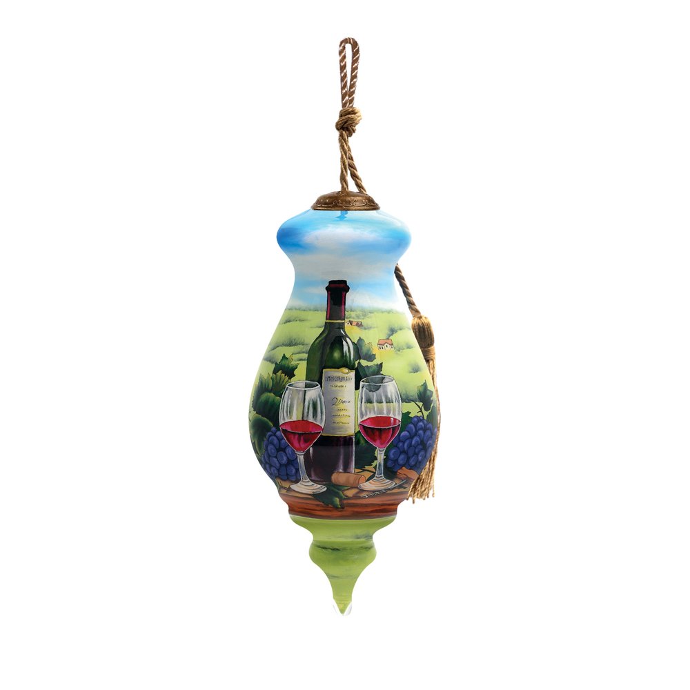 A day at the Vineyard Hand Painted And Mouth Blown Green Red And Violet Glass Finial Ornament