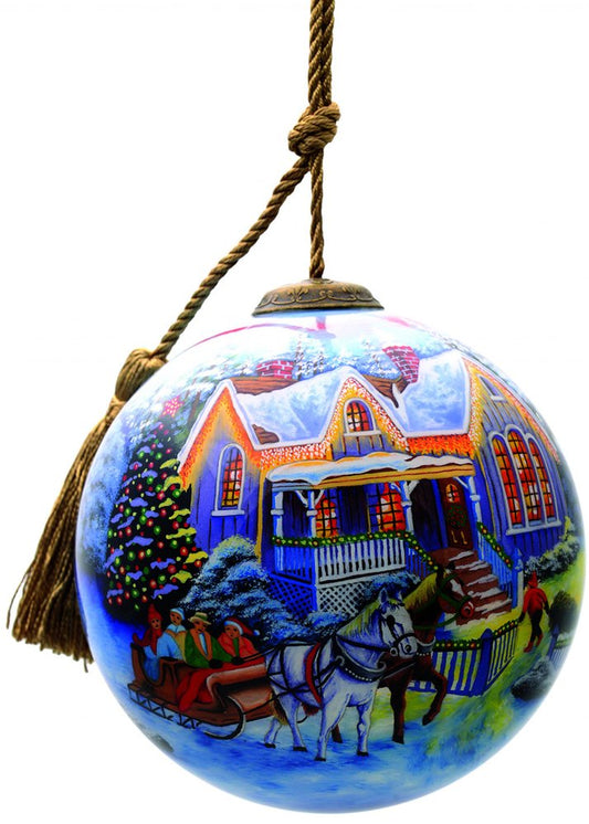 Christmas Home and Horse Carriage Hand Painted And Mouth Blown Green White And Yellow Glass Ball Ornament