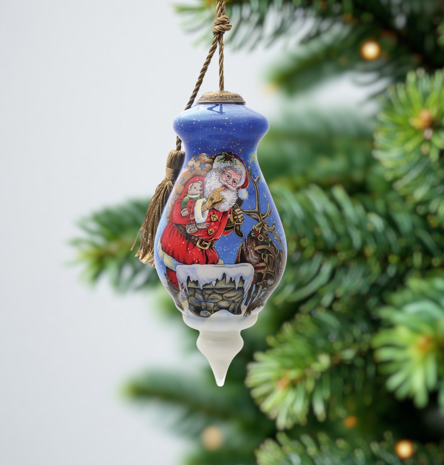 Santa on the Chimney Hand Painted Mouth Blown Glass Ornament