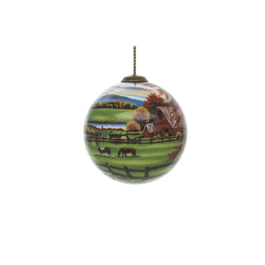 Farm in the Fall Scenery Hand Painted And Mouth Blown Green Orange And Red Glass Ball Ornament