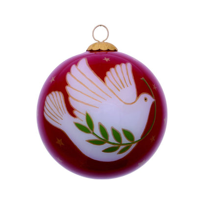 Peace on Earth Dove Hand Painted And Mouth Blown Pink And White Glass Ball Ornament