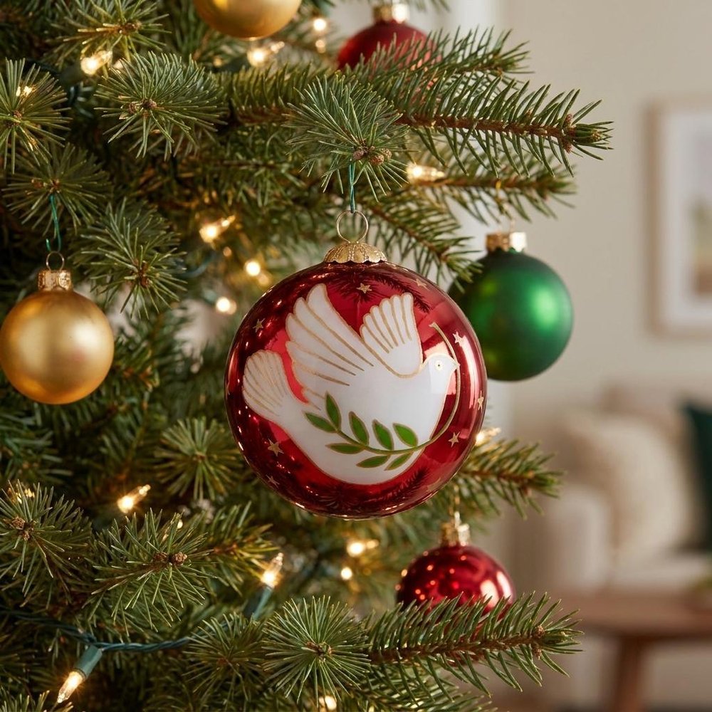 Peace on Earth Dove Hand Painted And Mouth Blown Pink And White Glass Ball Ornament