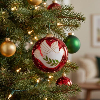 Peace on Earth Dove Hand Painted And Mouth Blown Pink And White Glass Ball Ornament