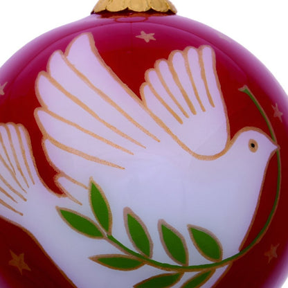 Peace on Earth Dove Hand Painted And Mouth Blown Pink And White Glass Ball Ornament