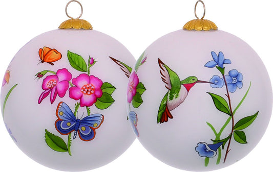 Decorative Florals Hand Painted And Mouth Blown Ivory Pink And Green Glass Ball Ornament