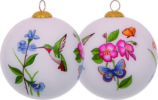 Decorative Florals Hand Painted And Mouth Blown Ivory Pink And Green Glass Ball Ornament