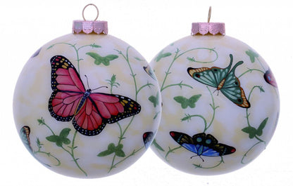 Colorful Butterflies Hand Painted And Mouth Blown Red White And Green Glass Ball Ornament