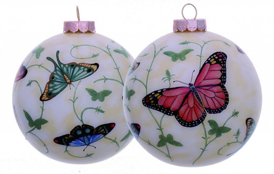 Colorful Butterflies Hand Painted And Mouth Blown Red White And Green Glass Ball Ornament
