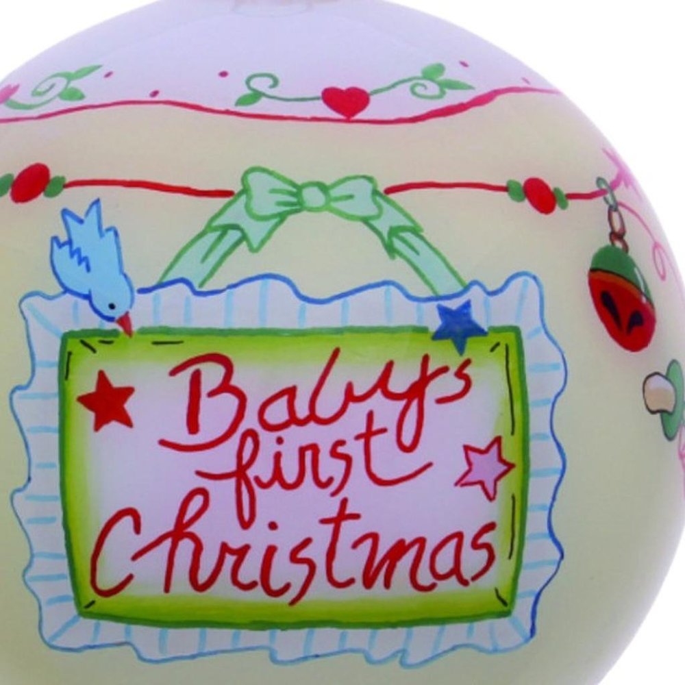 Baby's First Christmas with Motifs Hand Painted Mouth Blown Glass Ornament