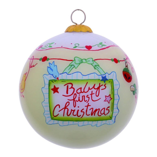 Baby's First Christmas with Motifs Hand Painted Mouth Blown Glass Ornament