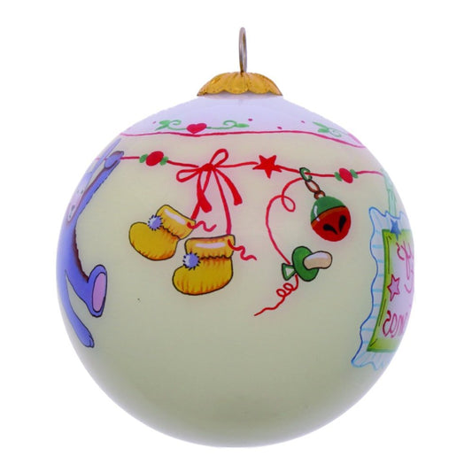 Baby's First Christmas With Motifs Hand Painted And Mouth Blown Ivory White And Red Glass Ball Ornament