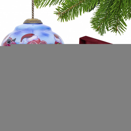 Pink Christmas Flamingos Hand Painted Mouth Blown Glass Ornament