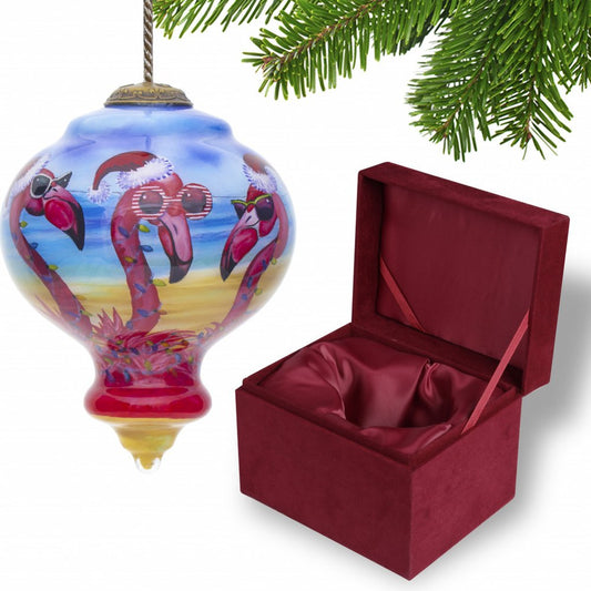 Pink Christmas Flamingos Hand Painted And Mouth Blown Tan Blue And Red Glass Finial Ornament
