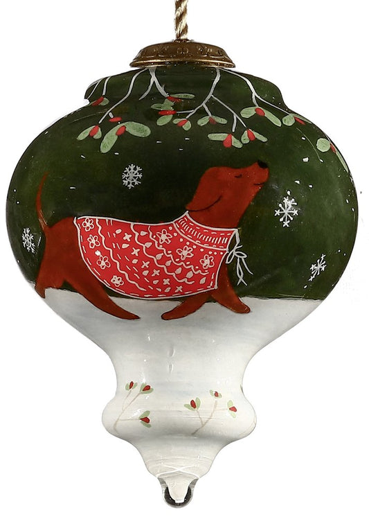 Trotting Dog in Comfy Christmas Attire Hand Painted And Mouth Blown Red White And Green Glass Finial Ornament