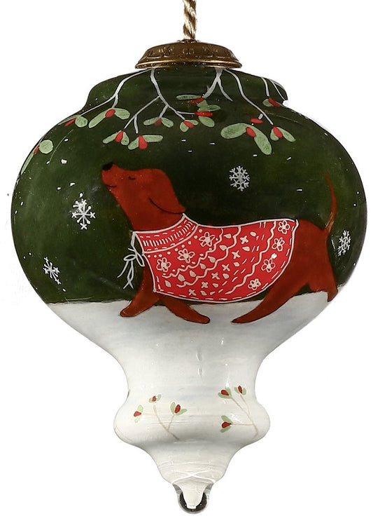 Trotting Dog in Comfy Christmas Attire Hand Painted And Mouth Blown Red White And Green Glass Finial Ornament