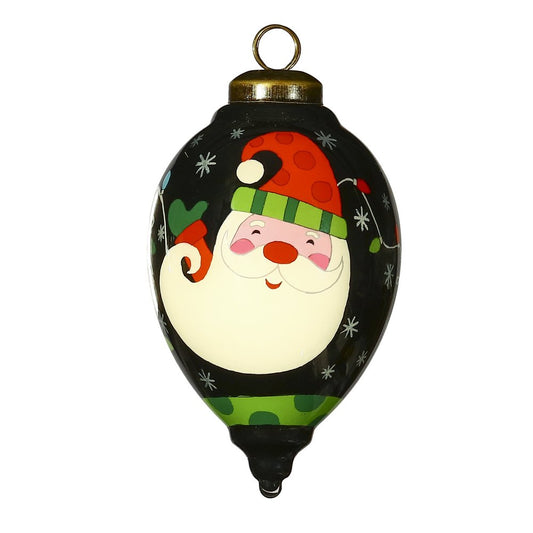 Santa in Holiday Lights Hand Painted And Mouth Blown Red Black And White Glass Finial Ornament