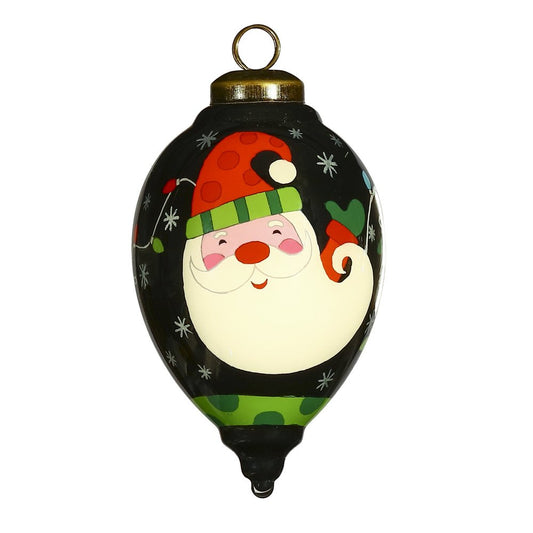 Santa in Holiday Lights Hand Painted And Mouth Blown Red Black And White Glass Finial Ornament