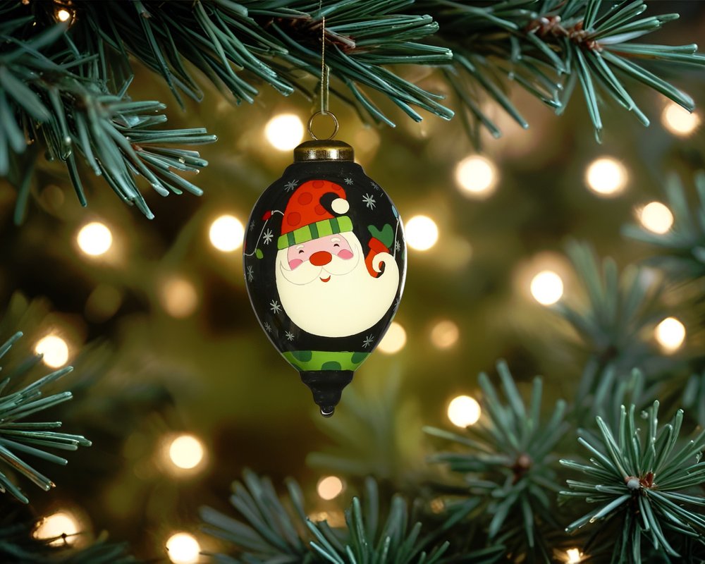 Santa in Holiday Lights Hand Painted Mouth Blown Glass Ornament