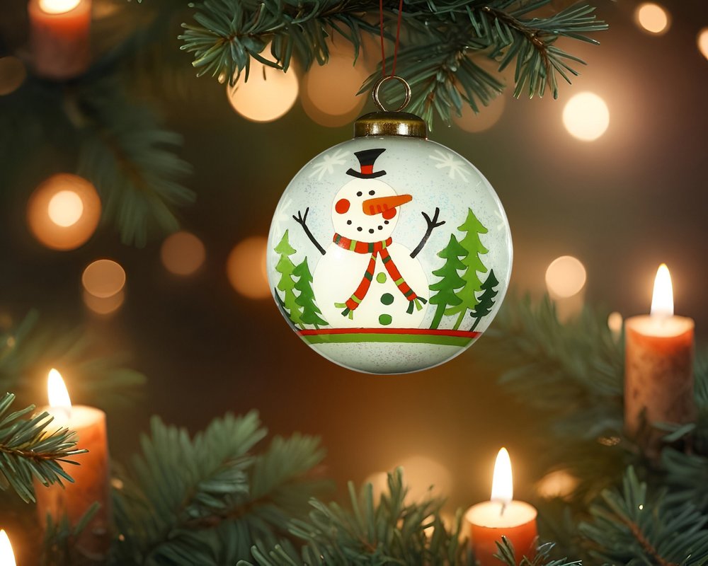 Festive Glitter Snowman Hand Painted Mouth Blown Glass Ornament