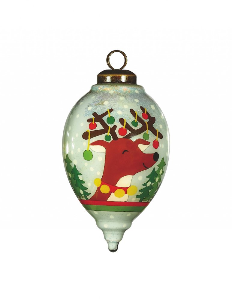 Festive Glitter Reindeer with Lights Hand Painted Mouth Blown Glass Ornament
