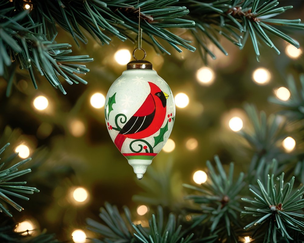 Festive Glitter Red Cardinal Hand Painted Mouth Blown Glass Ornament