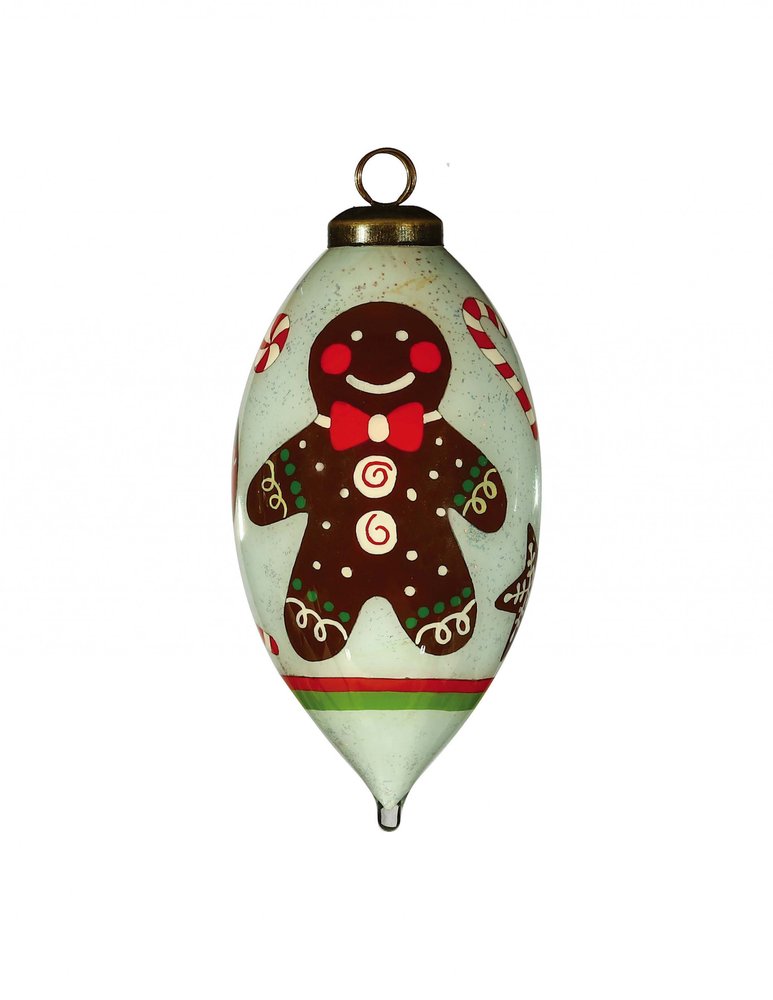 Festive Glitter Gingerbread Man Hand Painted And Mouth Blown White Brown And Red Glass Finial Ornament