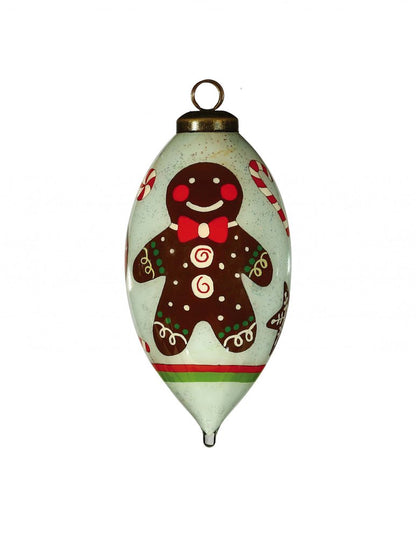 Festive Glitter Gingerbread Man Hand Painted And Mouth Blown White Brown And Red Glass Finial Ornament