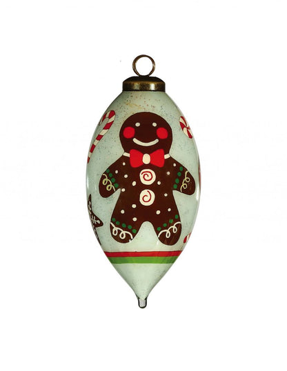 Festive Glitter Gingerbread Man Hand Painted And Mouth Blown White Brown And Red Glass Finial Ornament