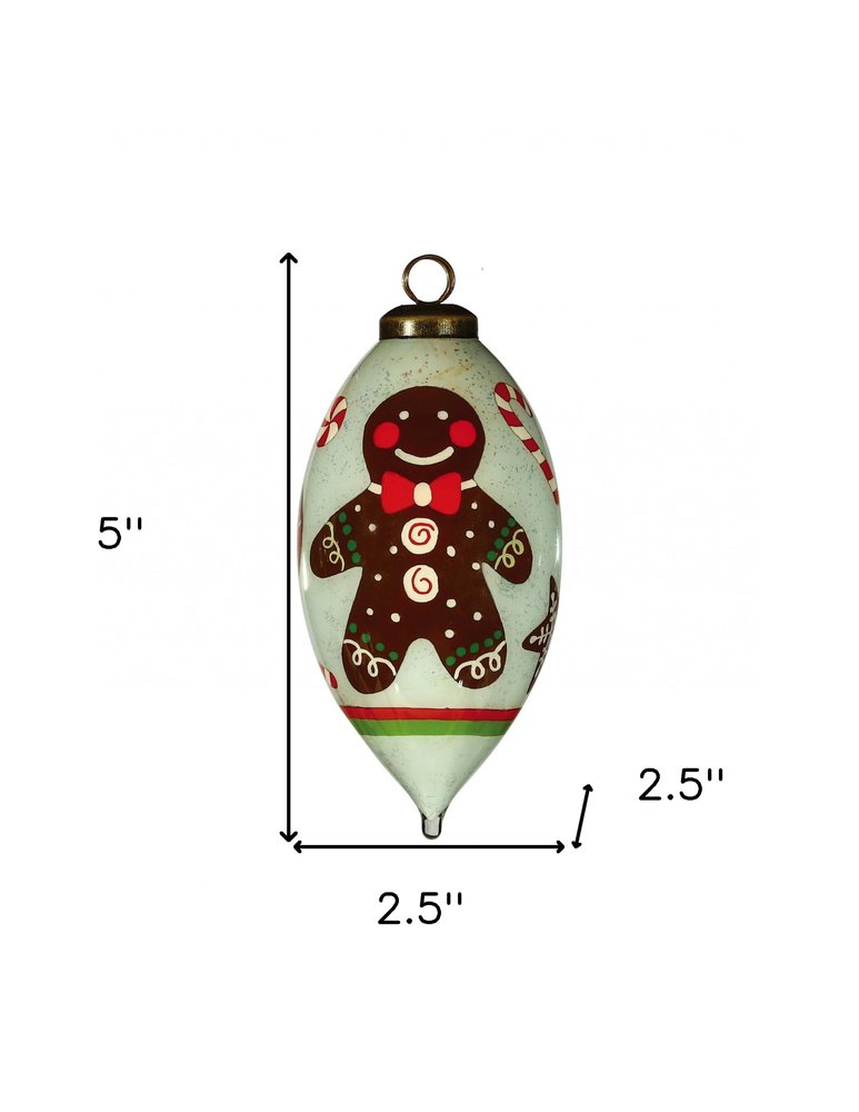 Festive Glitter Gingerbread Man Hand Painted And Mouth Blown White Brown And Red Glass Finial Ornament