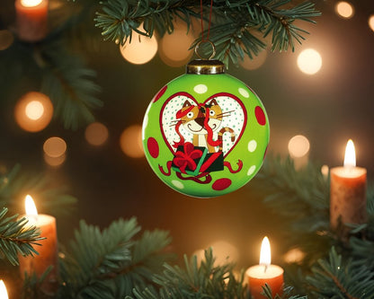 Charming Cat in a Heart Hand Painted Mouth Blown Glass Ornament
