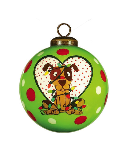 Charming Dog in a Heart Hand Painted And Mouth Blown Red White And Green Glass Ball Ornament