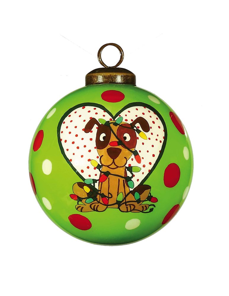 Charming Dog in a Heart Hand Painted And Mouth Blown Red White And Green Glass Ball Ornament