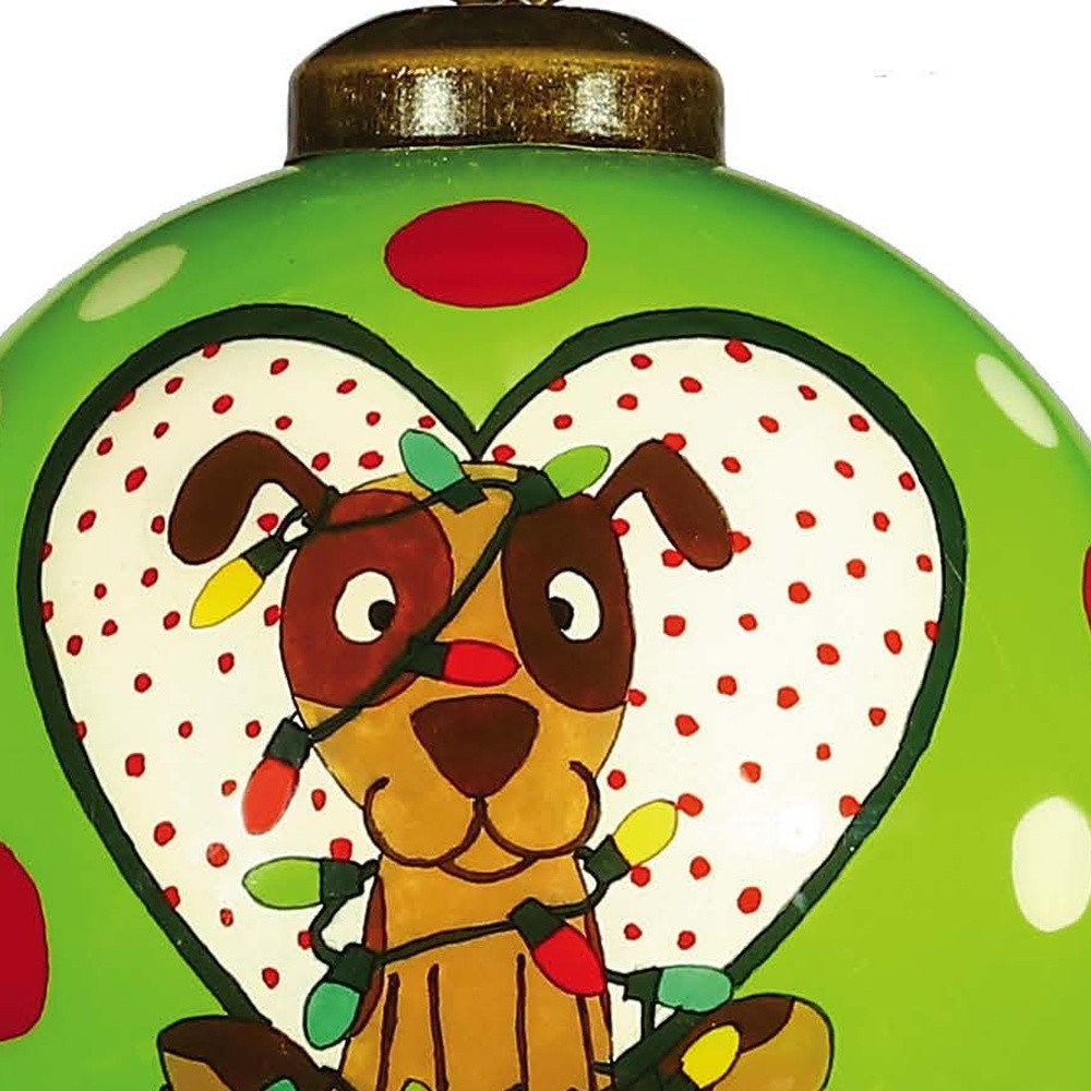 Charming Dog in a Heart Hand Painted And Mouth Blown Red White And Green Glass Ball Ornament