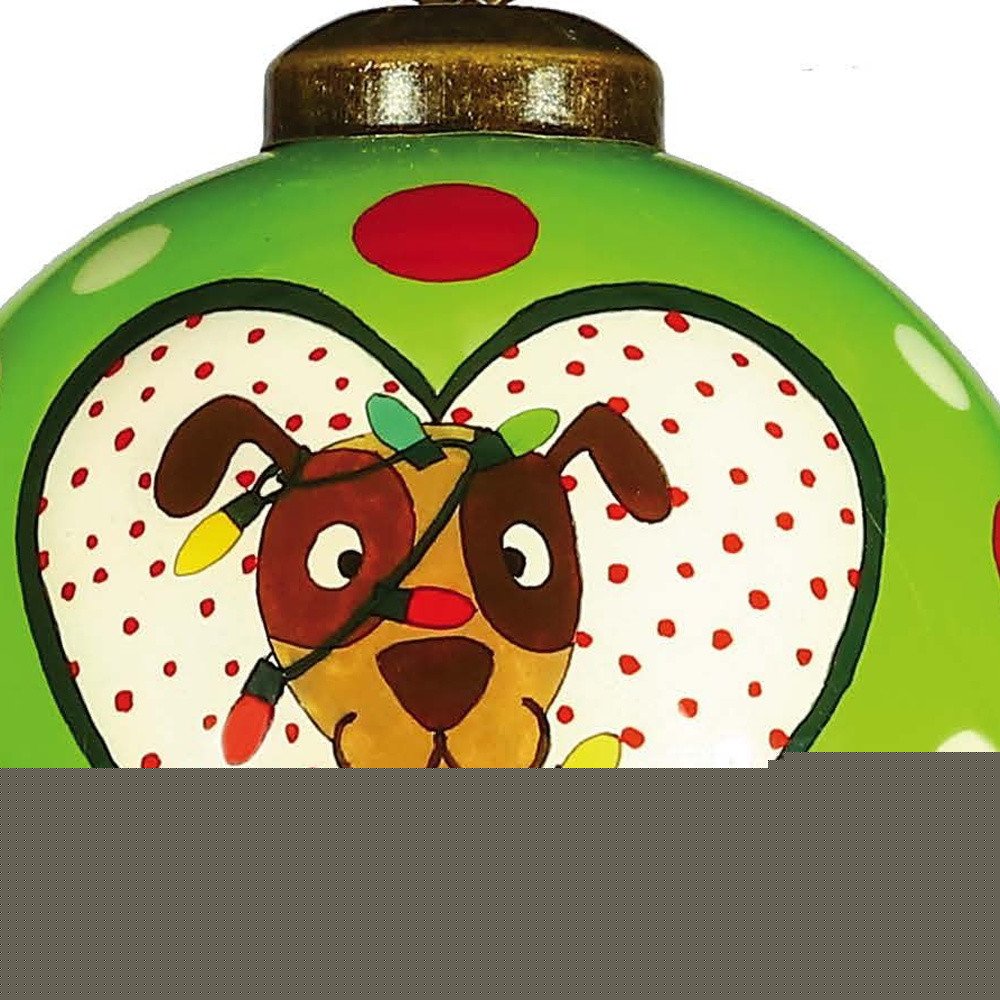 Charming Dog in a Heart Hand Painted Mouth Blown Glass Ornament