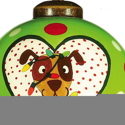 Charming Dog in a Heart Hand Painted Mouth Blown Glass Ornament