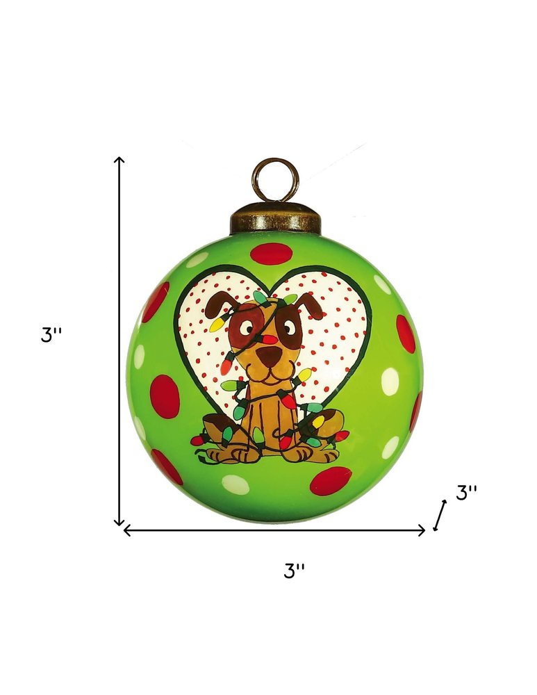 Charming Dog in a Heart Hand Painted And Mouth Blown Red White And Green Glass Ball Ornament