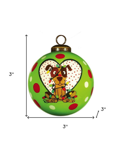 Charming Dog in a Heart Hand Painted And Mouth Blown Red White And Green Glass Ball Ornament