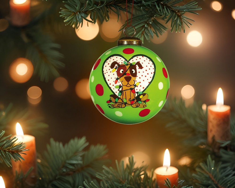 Charming Dog in a Heart Hand Painted And Mouth Blown Red White And Green Glass Ball Ornament
