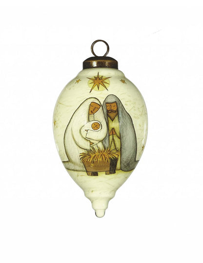 Nativity Holy Family Hand Painted And Mouth Blown White Brown And Gray Glass Finial Ornament