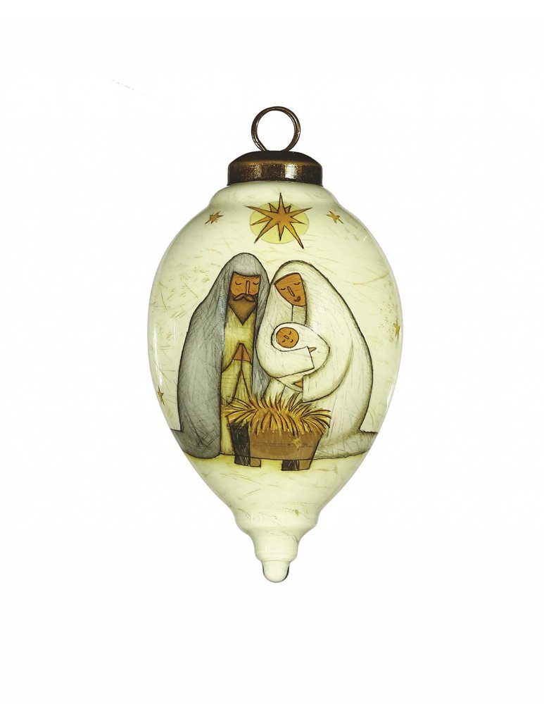 Nativity Holy Family Hand Painted And Mouth Blown White Brown And Gray Glass Finial Ornament