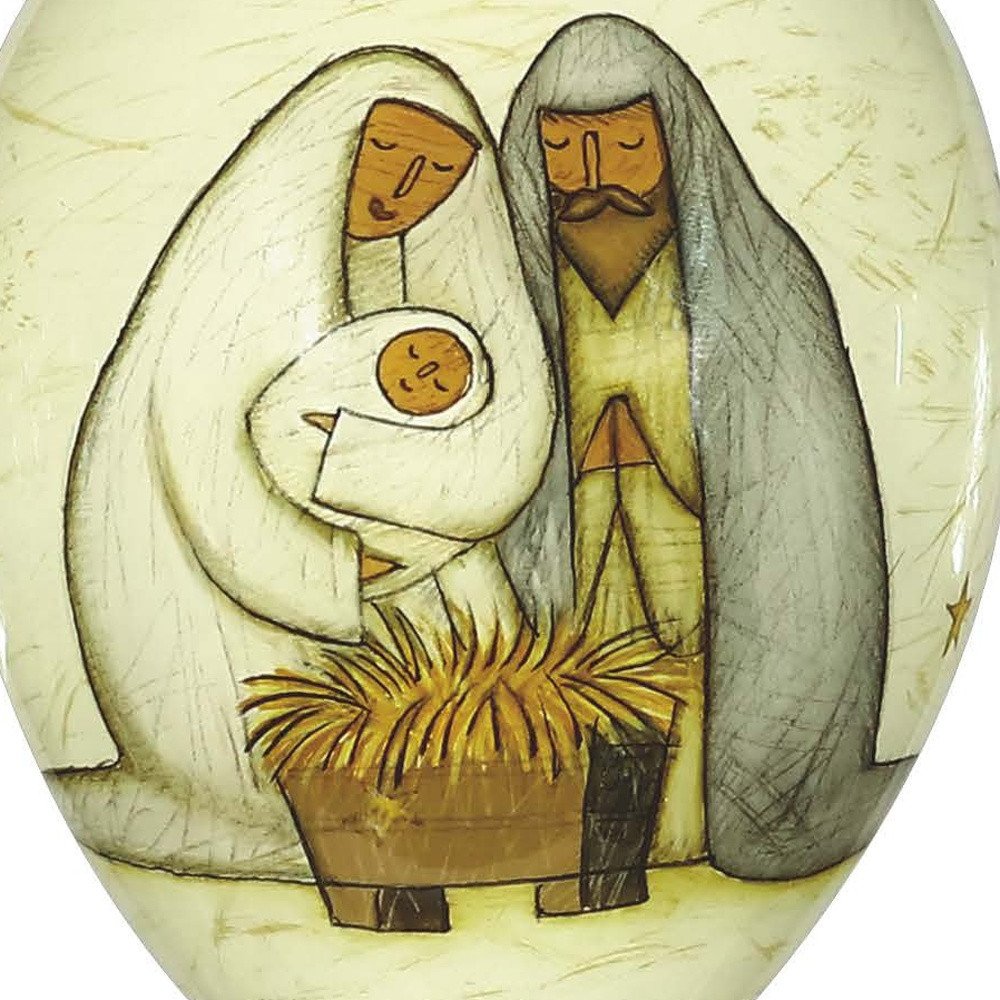 Nativity Holy Family Hand Painted And Mouth Blown White Brown And Gray Glass Finial Ornament