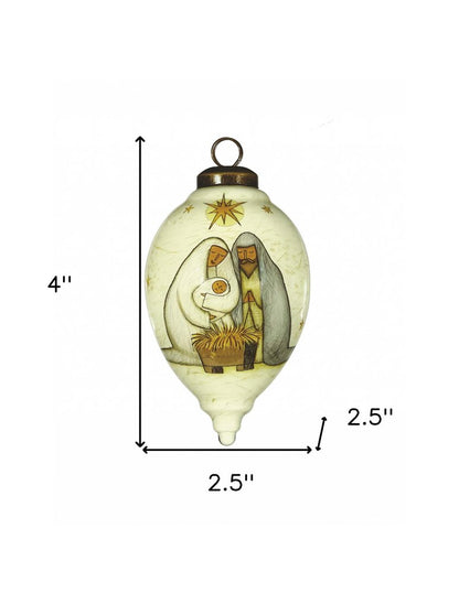 Nativity Holy Family Hand Painted And Mouth Blown White Brown And Gray Glass Finial Ornament