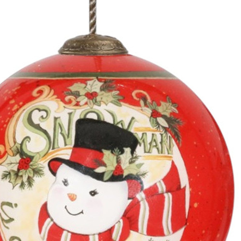 Festive Snowman on His Way Hand Painted And Mouth Blown Red And White Glass Ball Ornament