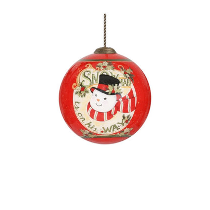 Festive Snowman on his way Hand Painted Mouth Blown Glass Ornament