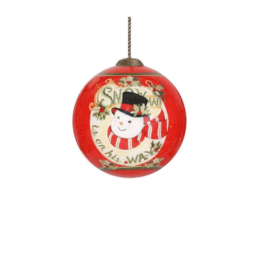 Festive Snowman on his way Hand Painted Mouth Blown Glass Ornament