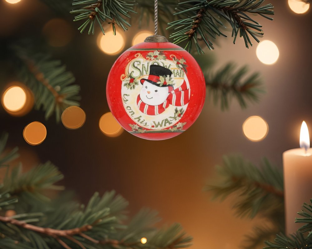 Festive Snowman on His Way Hand Painted And Mouth Blown Red And White Glass Ball Ornament
